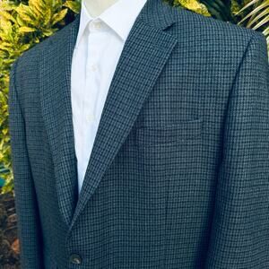 Chaps Sport Coat Blazer Men 48R Plaid Blue Black Wool Excellent Preppy Perfect